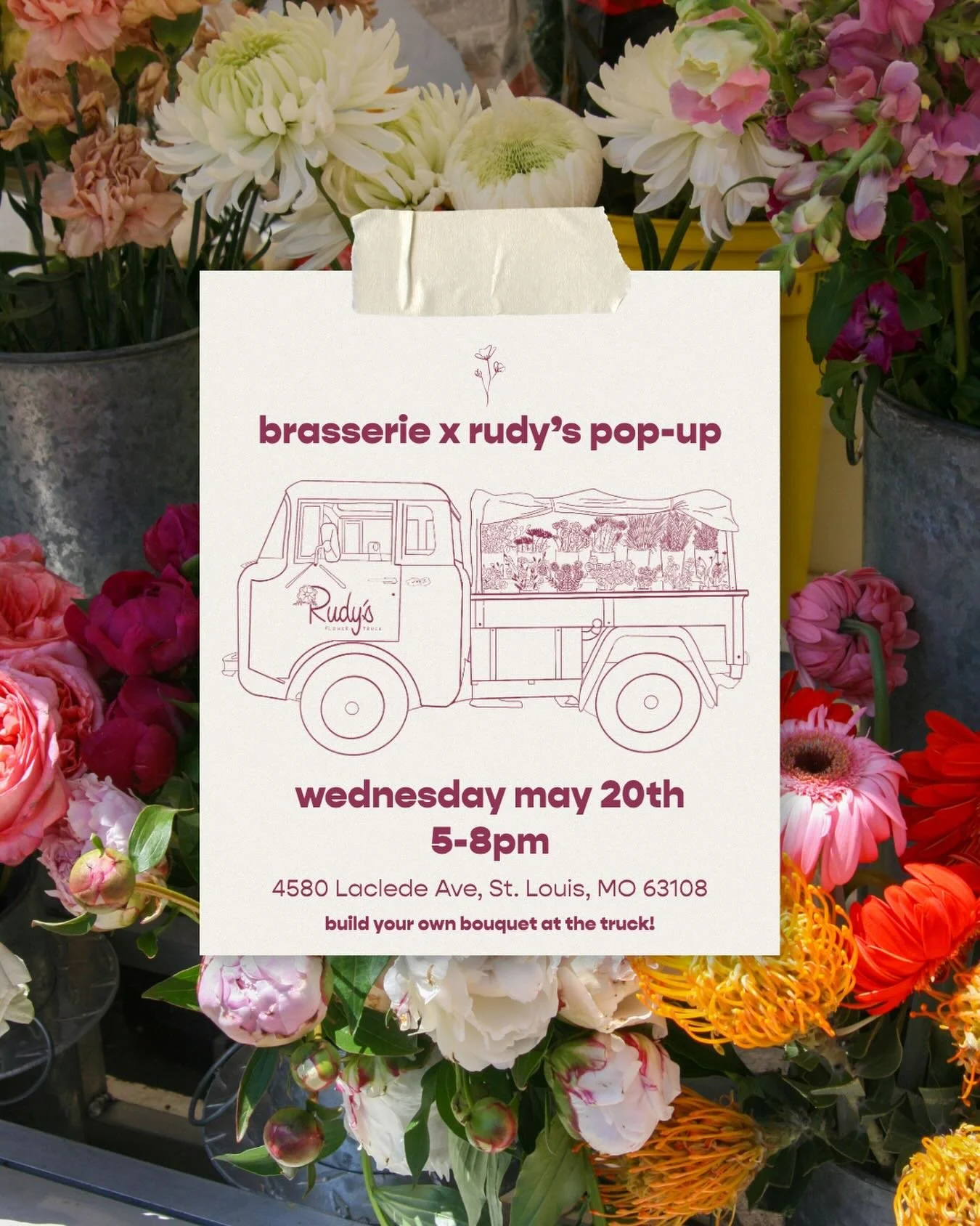 Surprise! We&rsquo;re popping up at @brasseriestl tomorrow evening for a midweek pick me up. Wine and dine and then create a bouquet with us!

Spread the word, grab your friends, and we can&rsquo;t wait to see ya there 💐