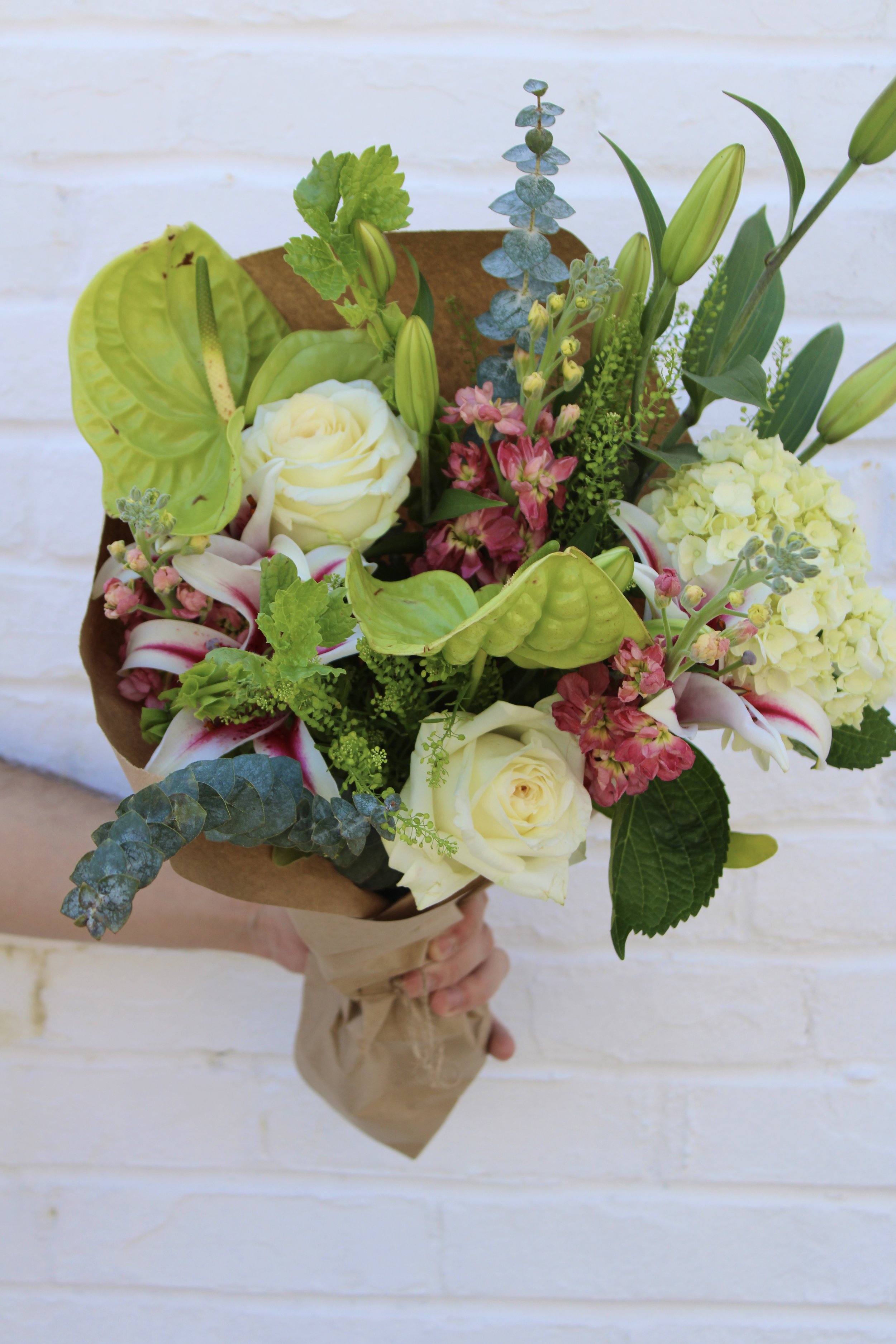 spring flower bouquet, green and pink flowers, lilies, stl florist, st. louis flower delivery