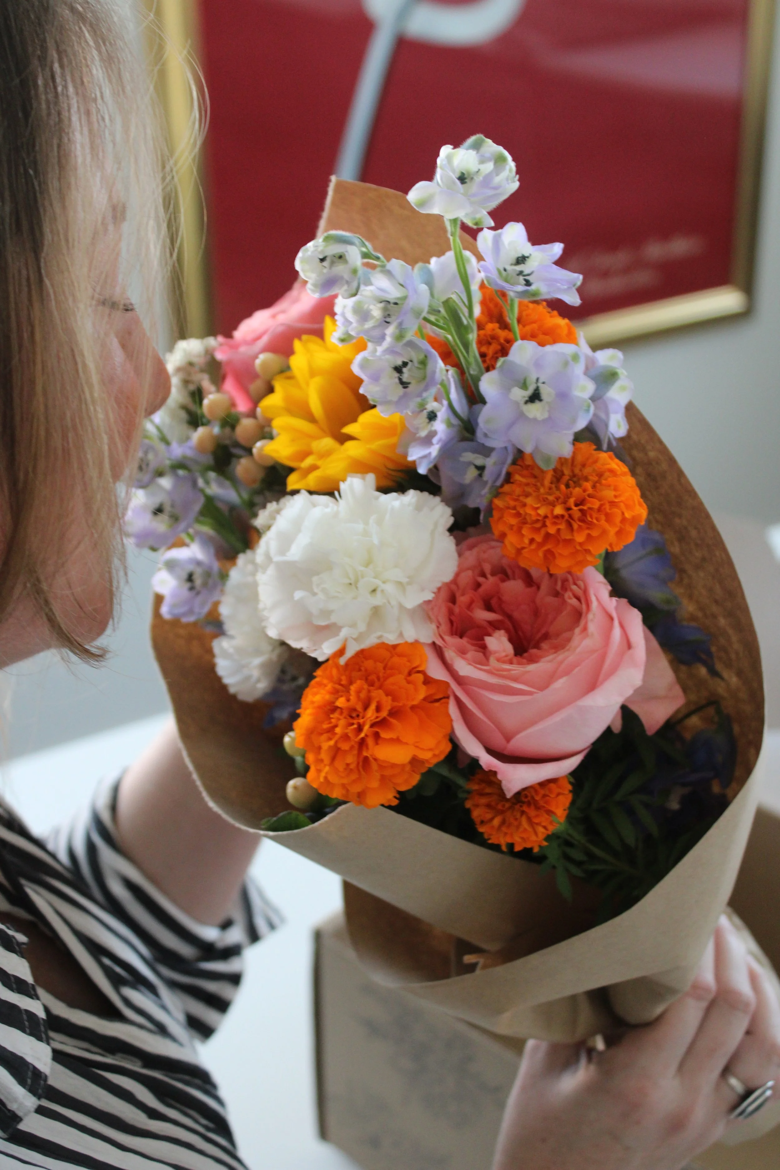 colorful wrapped bouquet, birthday flowers