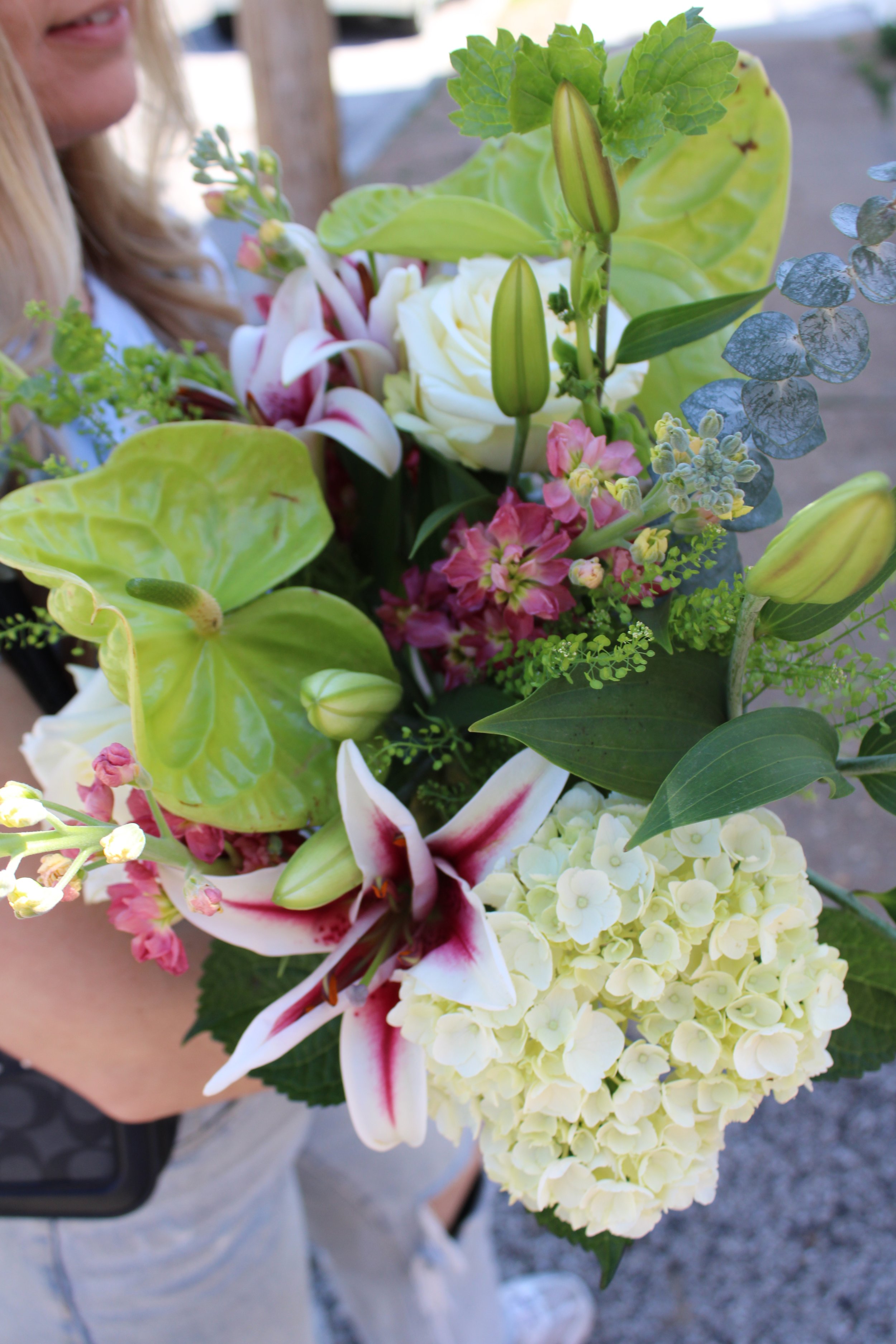 spring flower bouquet, green and pink flowers, lilies, stl florist, st. louis flower delivery