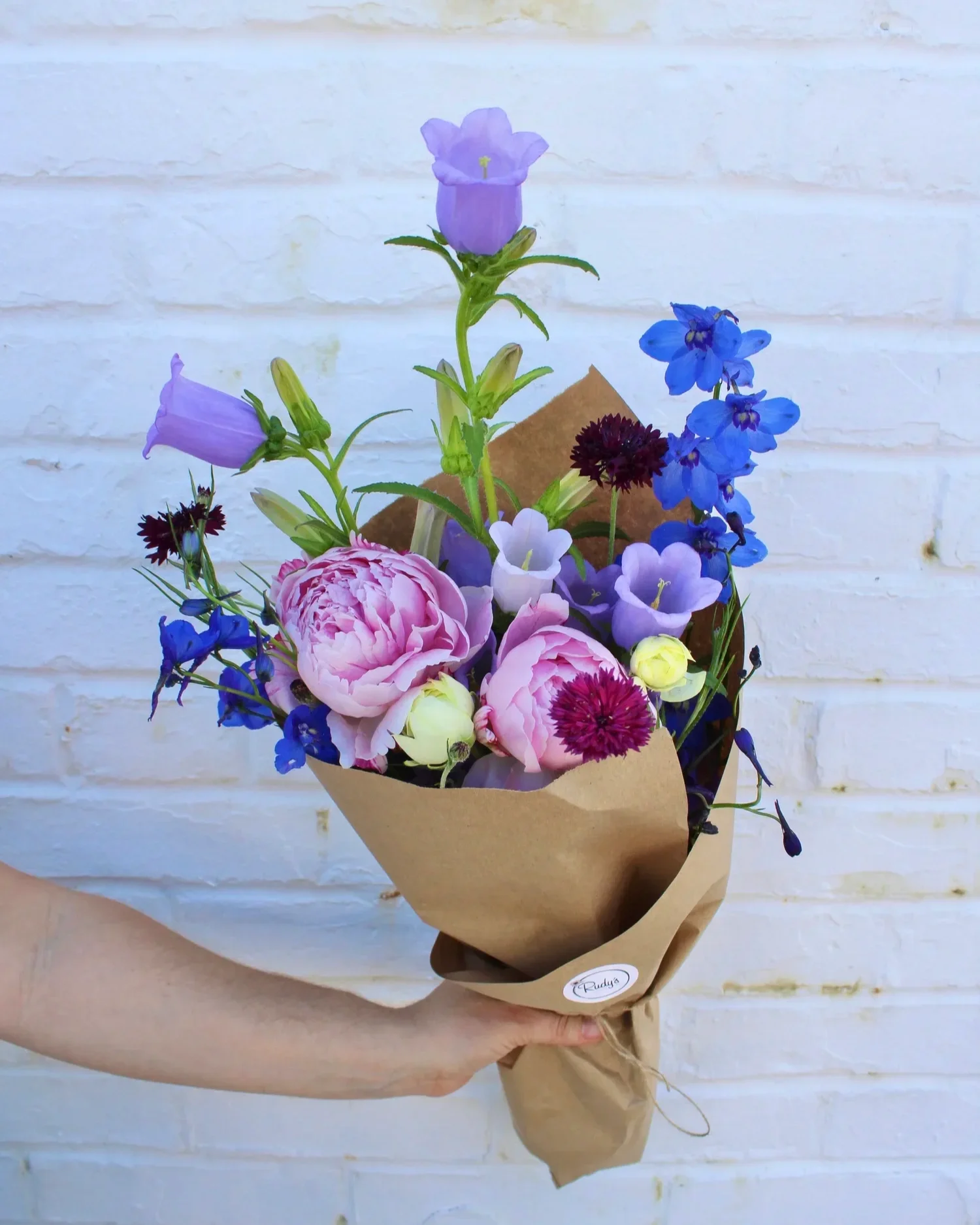 Local sympathy flower bouquet with peonies and delphinium in St. Louis, funeral flowers St. Louis sympathy flower delivery St. Louis condolence flowers bereavement flowers send sympathy flowers local flower delivery St. Louis sympathy bouquets