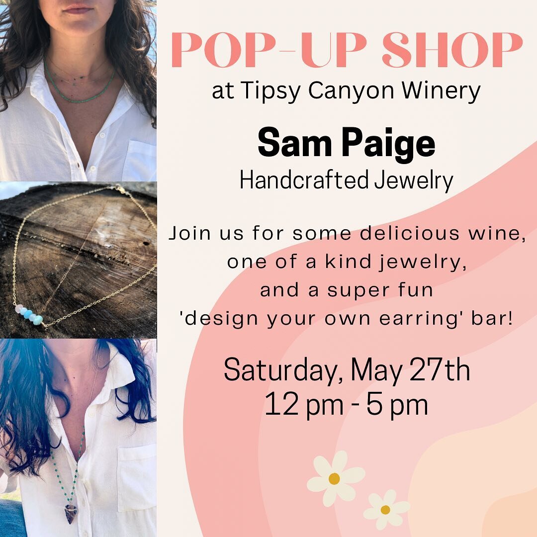 I&rsquo;ll be @tipsycanyonwinery Saturday, May 27th doing a pop-up shop with a fun little &ldquo;design your own earring&rdquo; bar!
&bull;
yummy wine, one of a kind jewelry, and a chance to design some cute little dangle earrings = perfect Memorial 