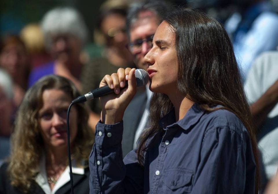 Xiuhtezcatl speaking at the press conference after the hearing. Photo credit - Robin Loznak