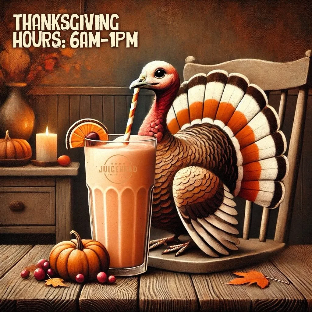 Come get your Juicehead fix this Thanksgiving! We&rsquo;re here for you before the festivities begin, 6am - 1pm. 
&bull;
Thankful for another great year of love, support &amp; growth. &hearts;️