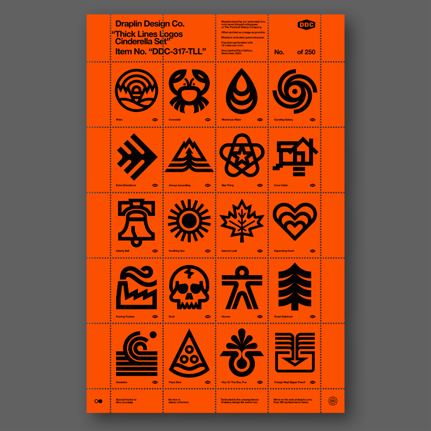 DDC-317-TLL Thick Lines Logos - Orange/Black Cinderella Stamp Sheet Draplin Design Co., North America DDC-317-TLL Thick Lines Logos - Orange/Black Cinderella Stamp Sheet Draplin Design Co., North America