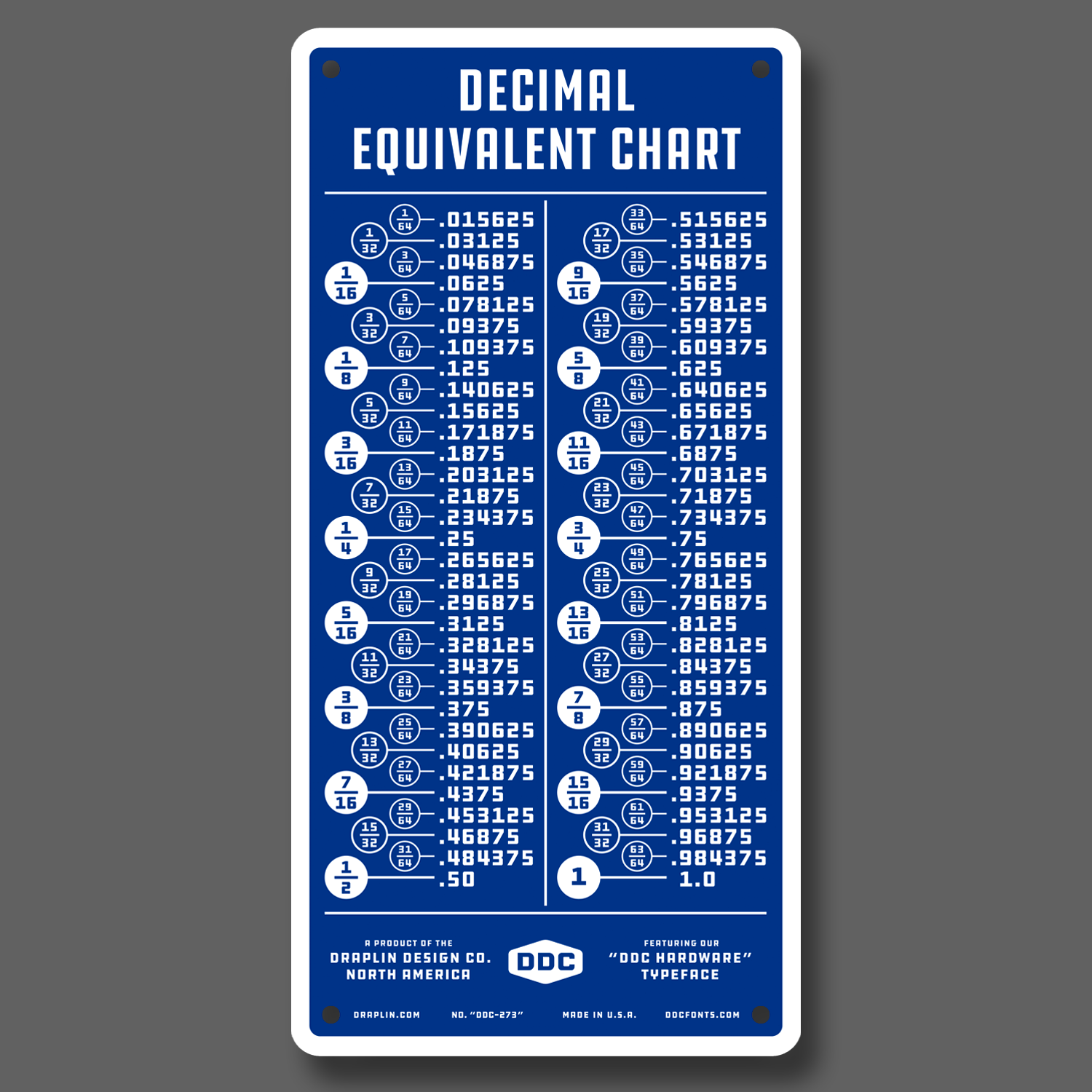 DDC-273 “Large Size Decimal Equivalent Chart - Blue/White” 6" × 12"
