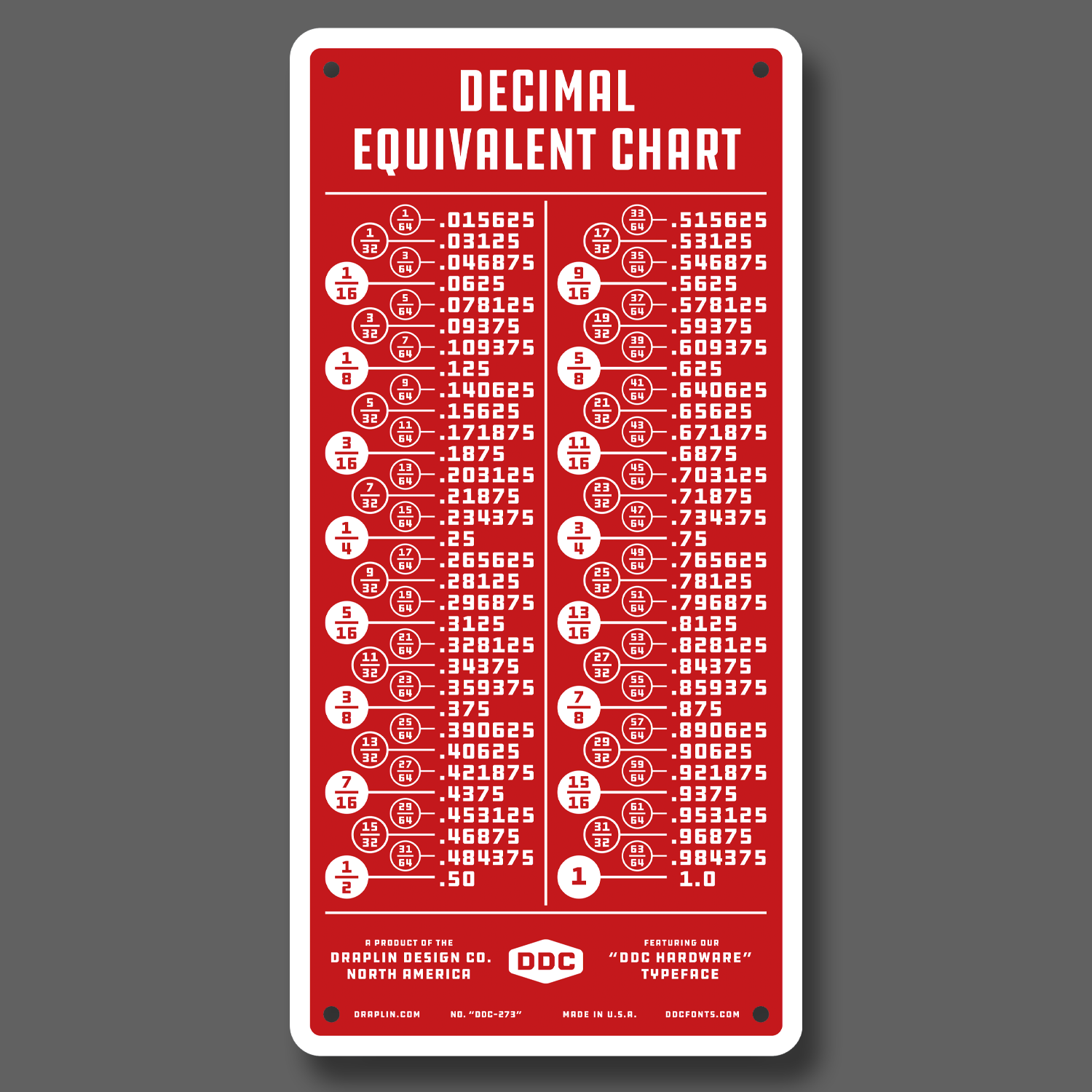 DDC-273 “Large Size Decimal Equivalent Chart - Red/White” 6" x 12"