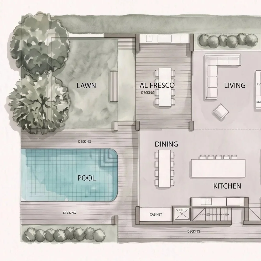 Digital rendering of a modern two-story house with a backyard pool, patio area, and large glass sliding doors, with some trees in the background.