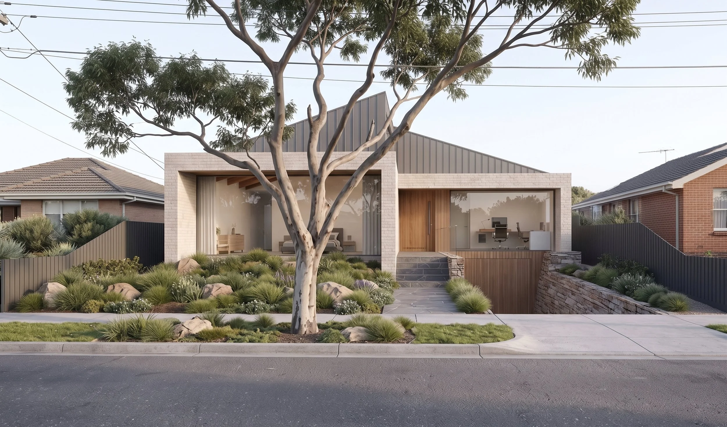 Modern multi-story house with wood and gray exterior, sloped roof, balcony, landscaped driveway, and surrounding trees.