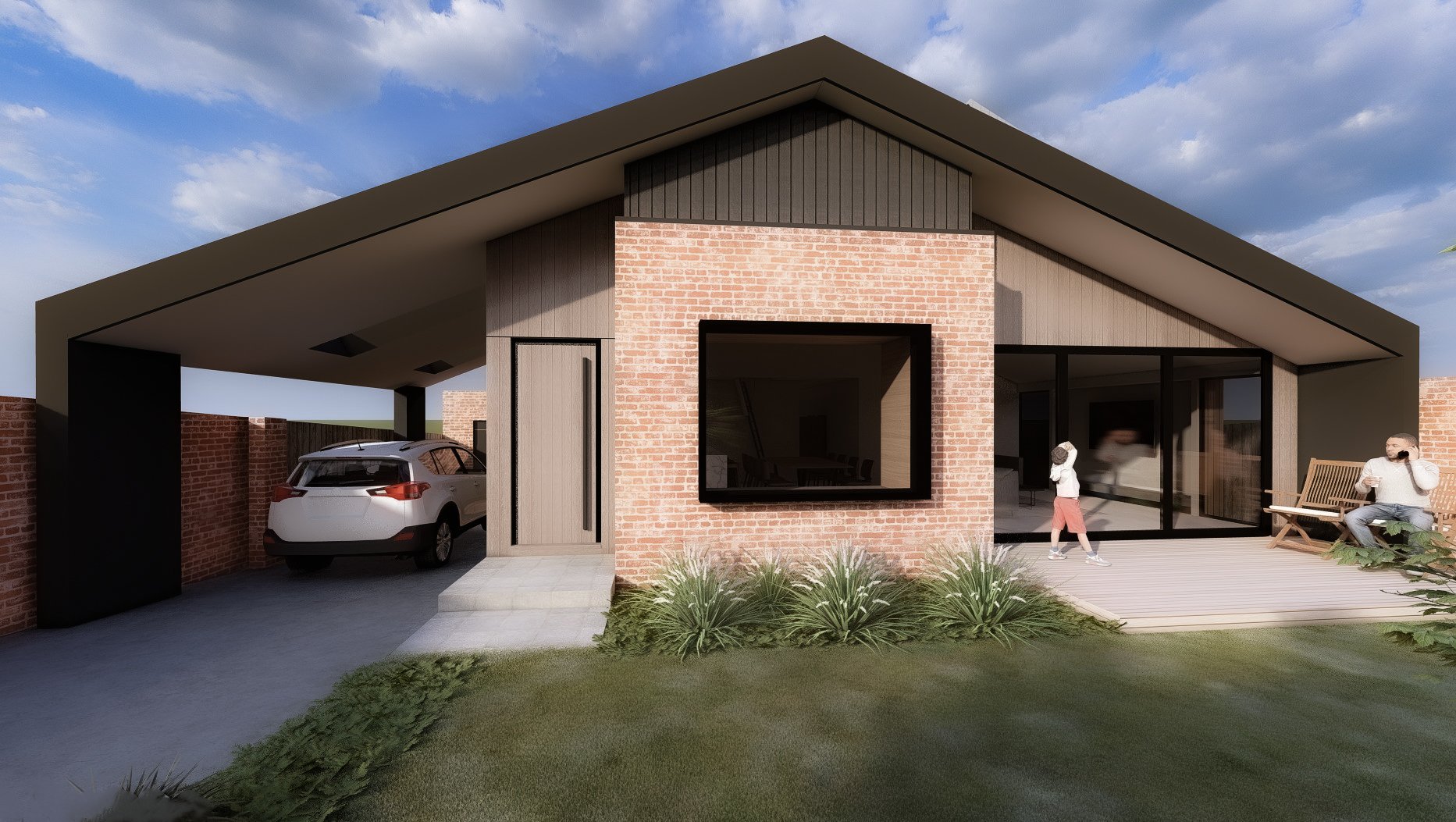 wide gable roof home with recycled bricks and black cladding