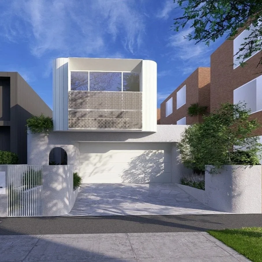 Modern multi-story house with wood and gray exterior, sloped roof, balcony, landscaped driveway, and surrounding trees.