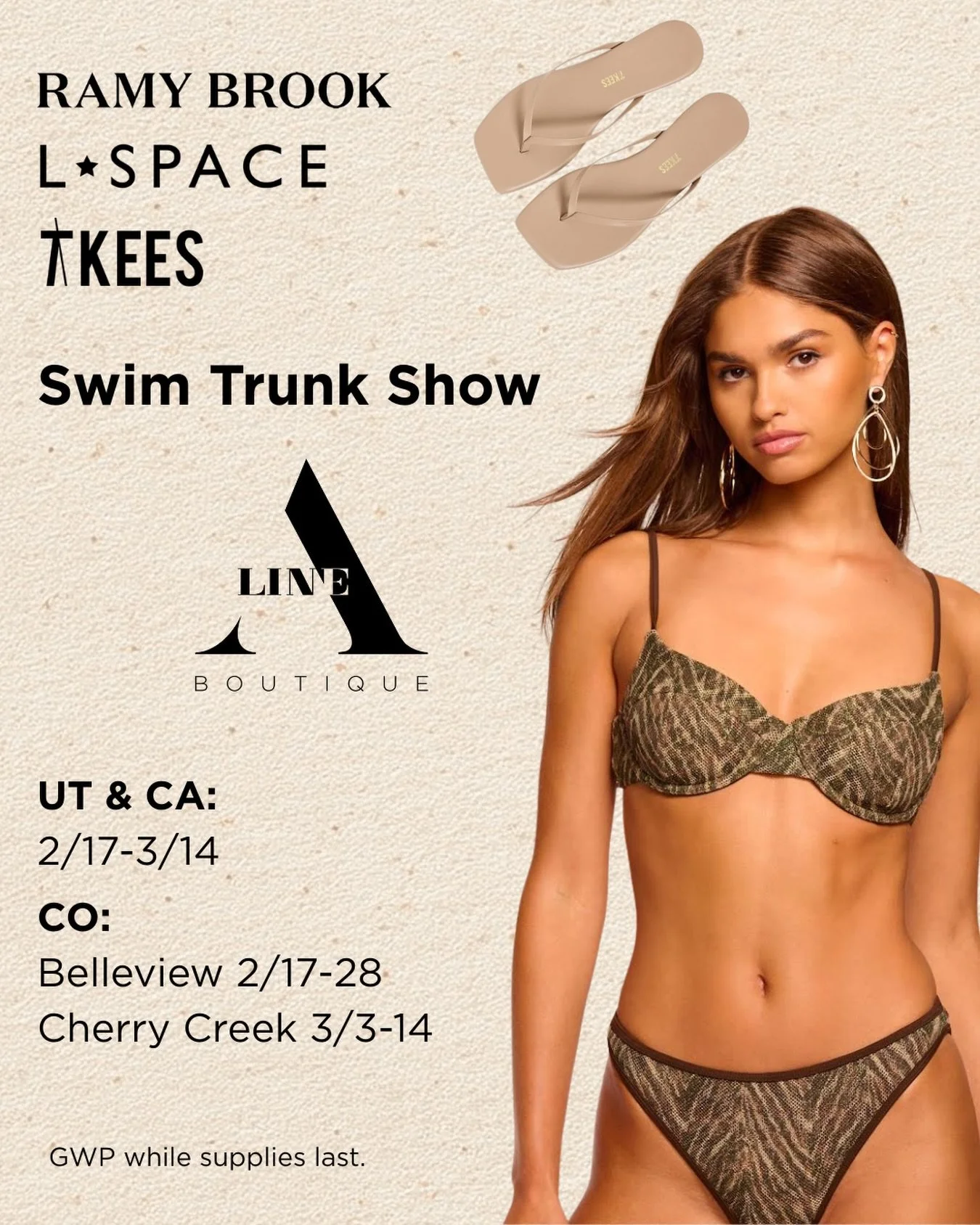 Sun ready style has arrived☀️ Join us for our Swim Trunk Show featuring Ramy Brook, L Space, and TKEES, happening in Utah and California from 2/17-3/14. Colorado, shop Belleview Station 2/17-2/28 and Cherry Creek 3/3-3/14👙✨

Gift with purchase avail