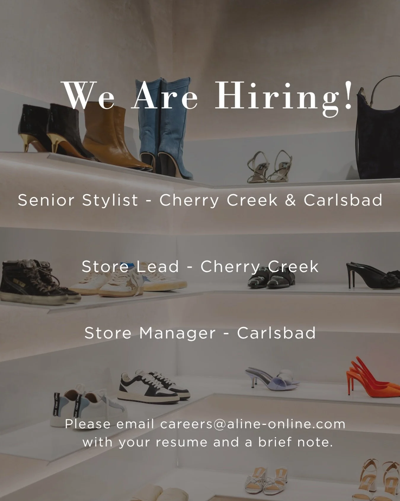 Now hiring 🤍 Stylists, leads, and managers wanted across Cherry Creek &amp; Carlsbad. If fashion is your love language, send your resume to careers@aline-online.com and let&rsquo;s talk. Visit our careers page for more info and tag someone who&rsquo
