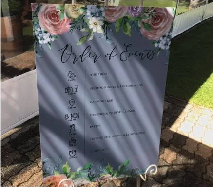 wedding order of service board that has been directly printed in full colour onto acrylic substrate