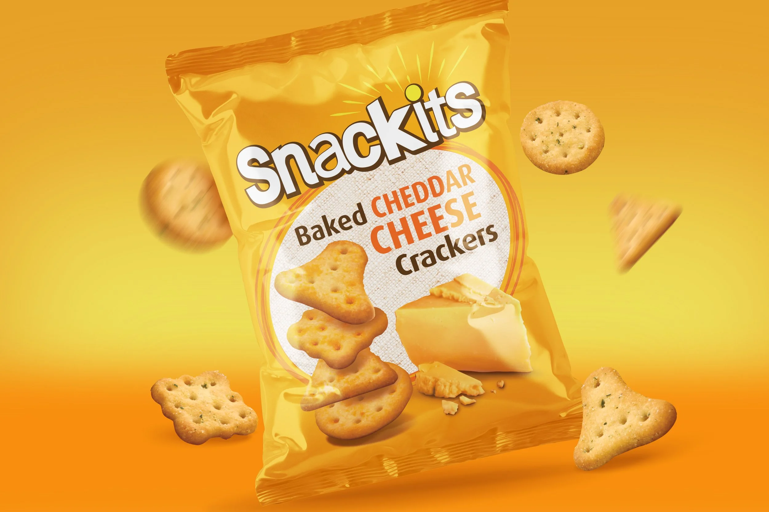 Snackits Packaging Design, Cheddar Cheese Chip Crisp Crackers
