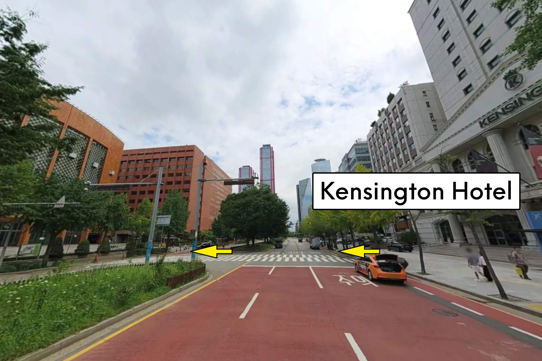 Once you reach the main entrance of the Kensington Hotel, cross the street towards the Yoido Main Sanctuary. Turn right.
