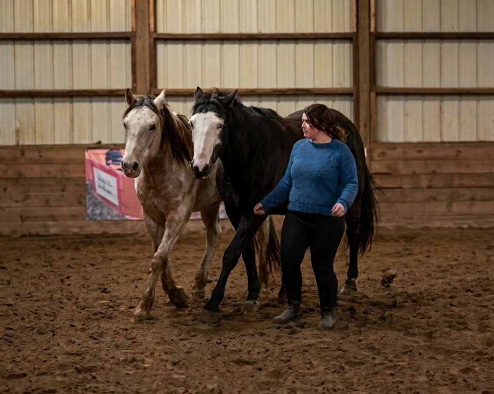 A woman in a blue sweater standing with two horses inside a wooden indoor riding arena.