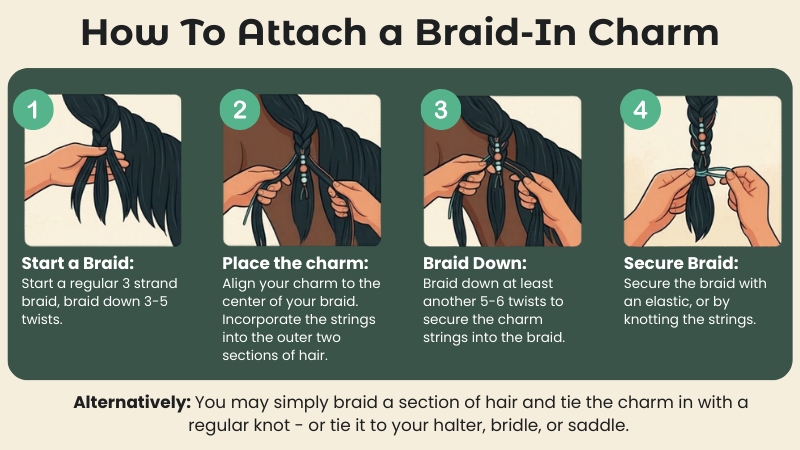 Infographic titled 'How To Attach a Braid-In Charm' with four steps. Step 1 shows a hand starting a 3-strand braid with hair. Step 2 shows lining the charm to the center of the braid, incorporating strings into the outer two sections. Step 3 shows braiding down, securing the charm with 5-6 twists. Step 4 demonstrates securing the braid with an elastic or knotting the strings. Additional text suggests braiding a section of hair and tying the charm with a knot, or attaching to a hairpiece or saddle.