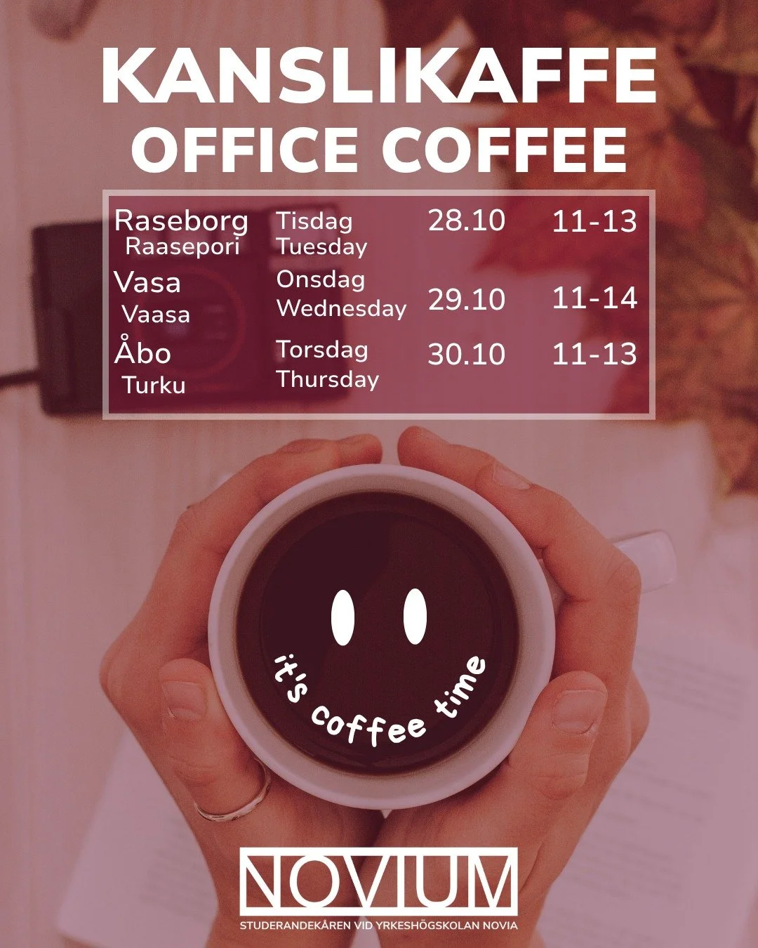 🍂Det är sista veckan i oktober och det innebär att det är dags för...
KANSLIKAFFE! ☕
Raseborg, tisdag 28.10 kl. 11-13
Vasa, onsdag 29.10 kl. 11-14
Åbo, torsdag 30.10 kl. 11-13
Välkommen in till kanslierna! ❤️
***
🍂