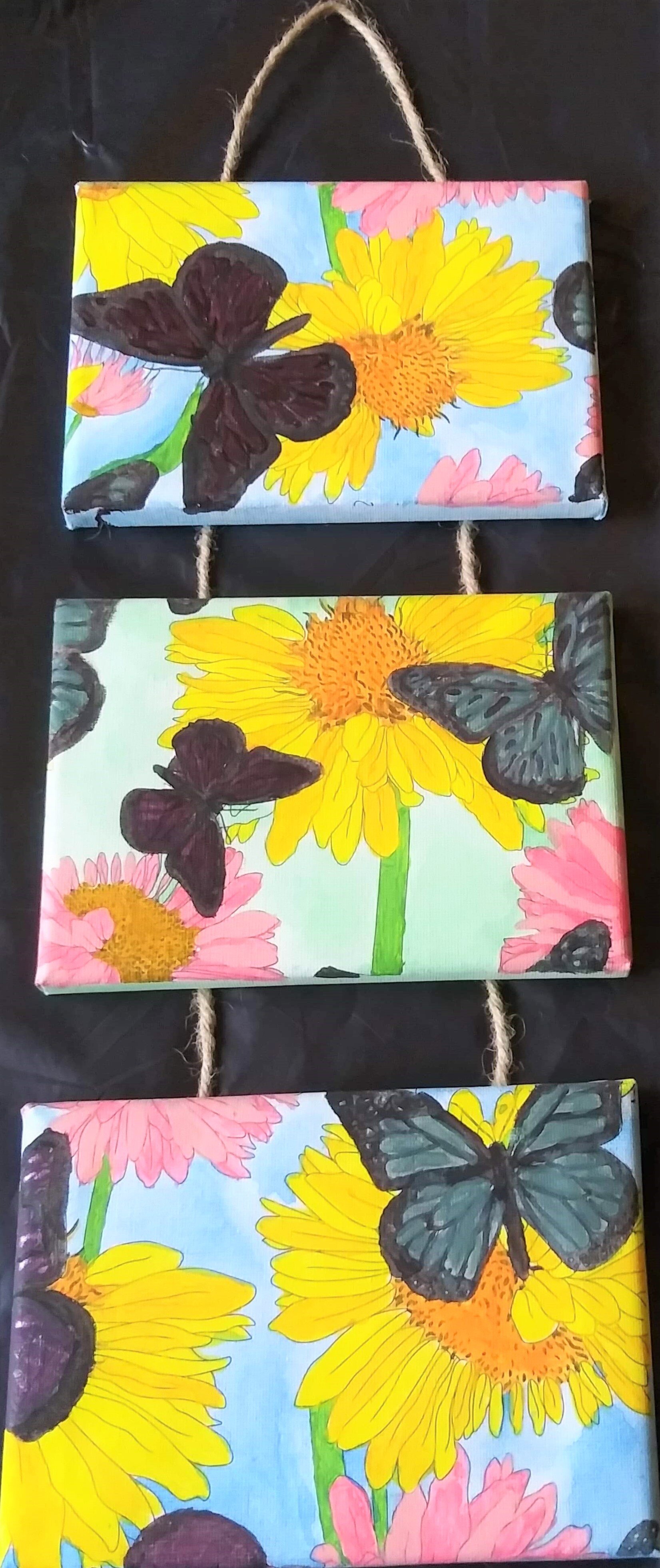 "Butterflies and Daisies" 3 Panel Hanging Wall Décor