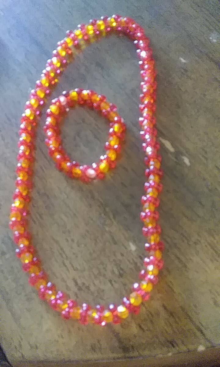 Pink and Orange Beaded Necklace and Bracelet