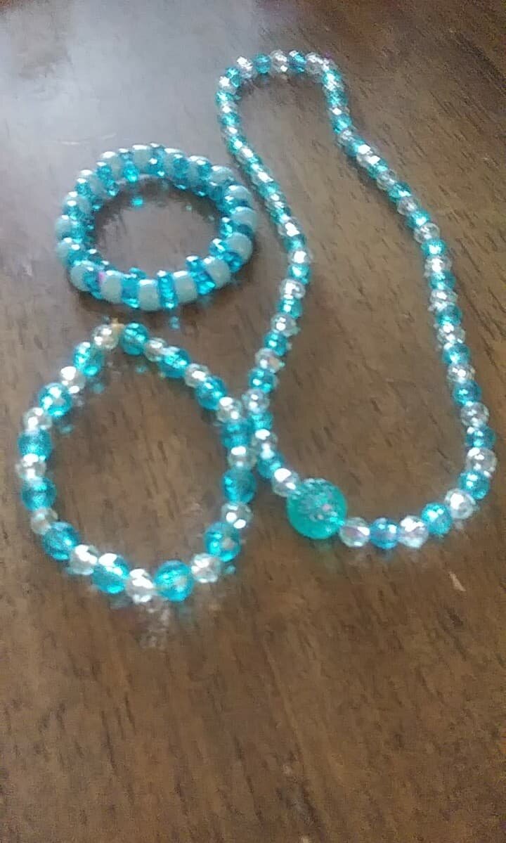 Blue Beaded Necklace and 2 Bracelets