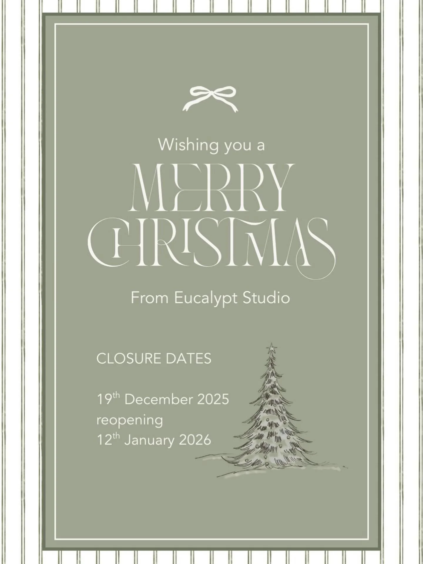 Wrapping up another beautiful year.
Closed from Friday 19 December 2025, reopening 12 January 2026.
Thank you for an incredible 2025 &mdash; wishing you a Merry Christmas and a calm and considered start to the new year. X