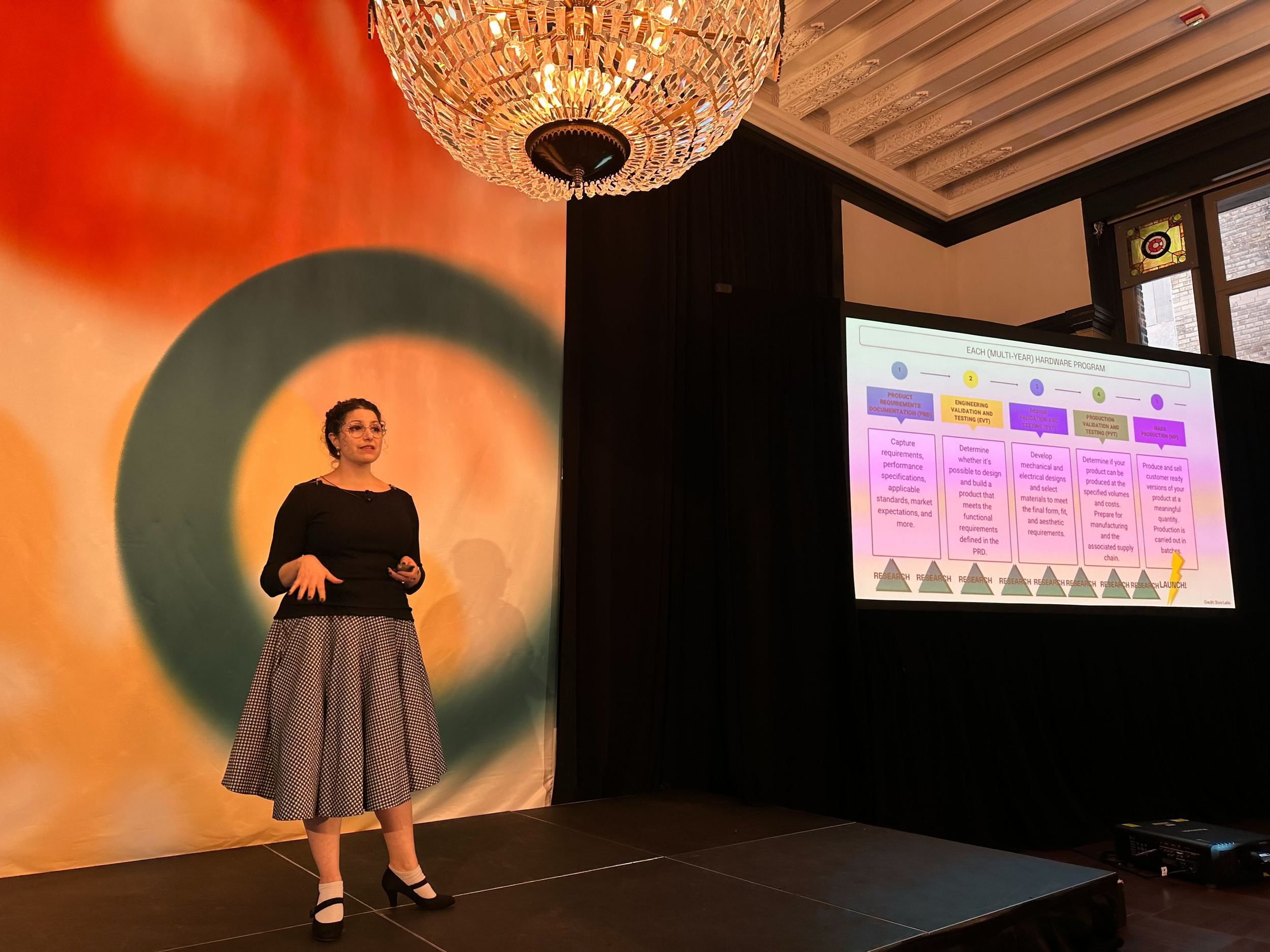 Lauren standing on a small platform stage with slides projected next to her, giving a talk
