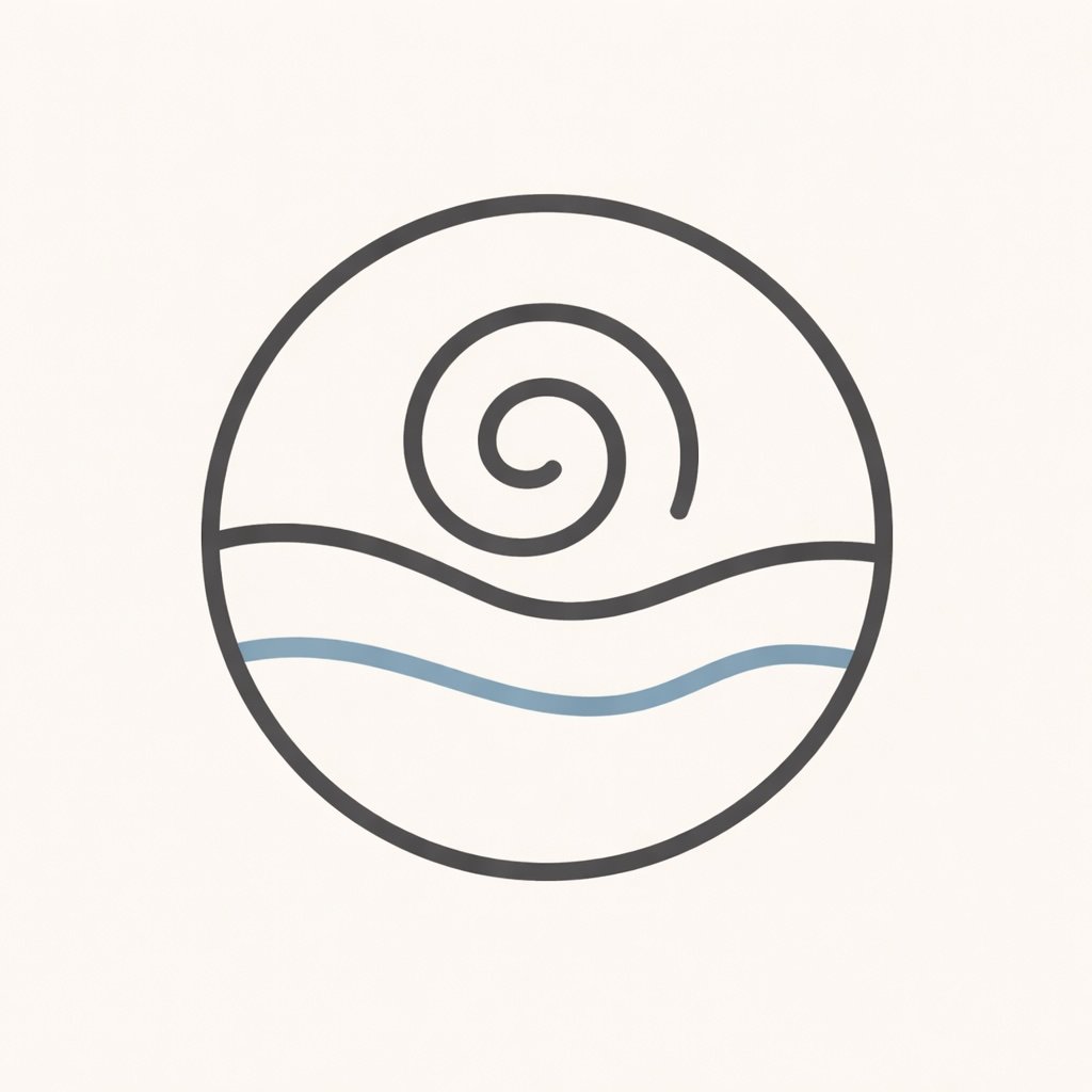 Simple circular illustration of a sun with a spiral in the center, above wavy lines representing water or shore.
