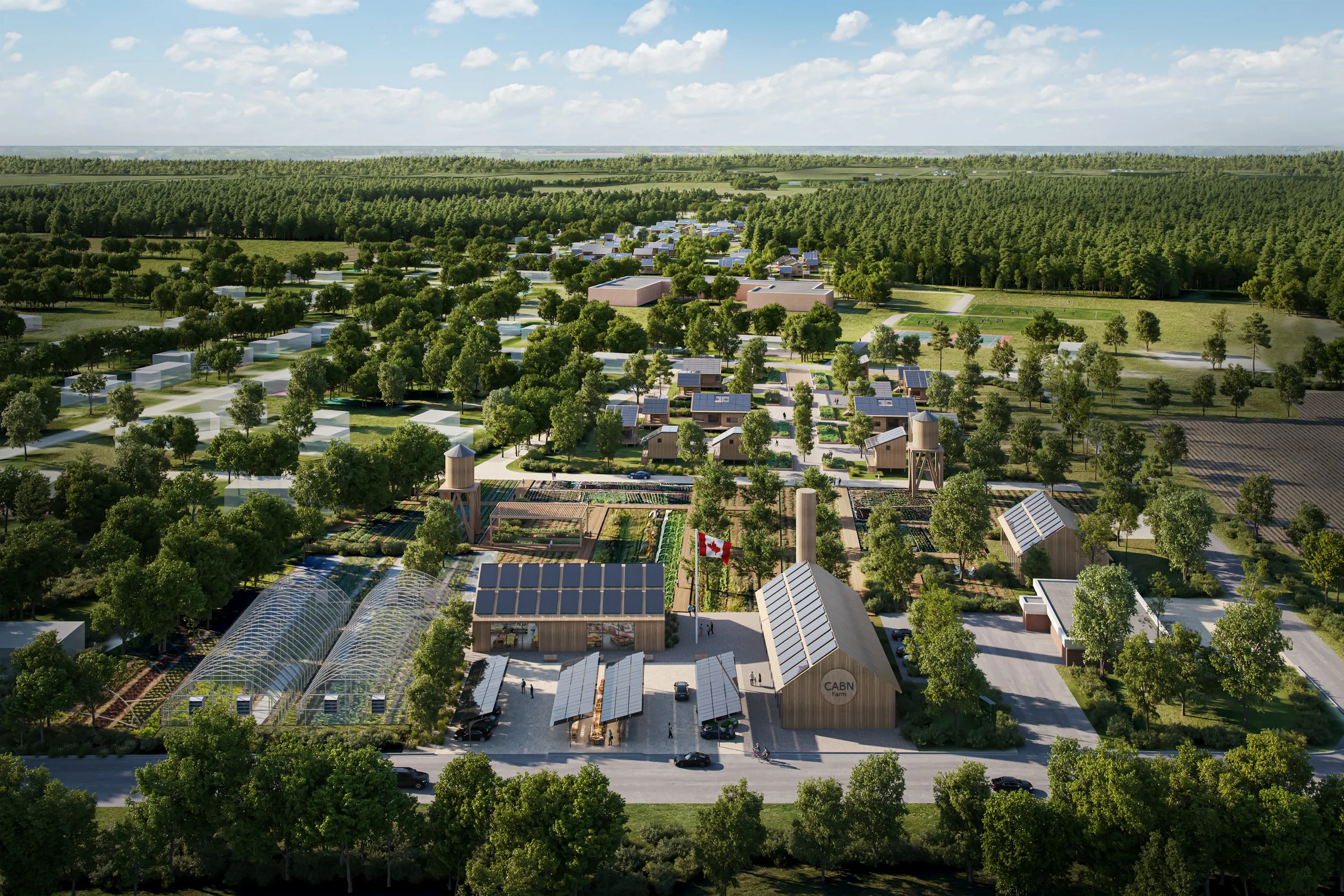 Aerial view of a sustainable farm with solar panels, greenhouses, and various buildings surrounded by lush trees and farmland, with a Canadian flag in the foreground.