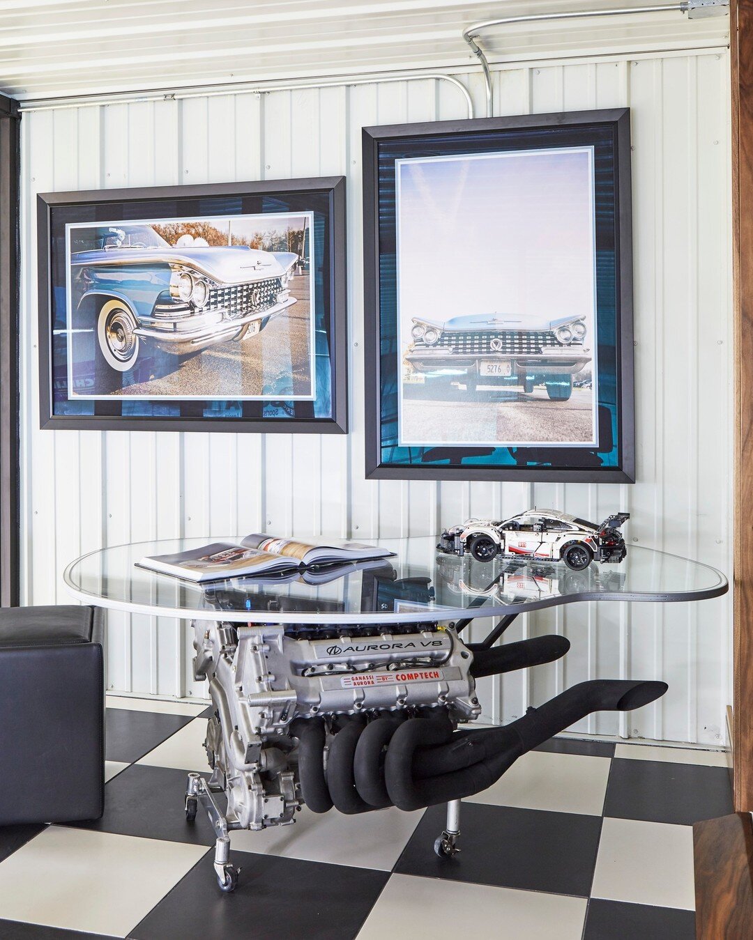 We&rsquo;re revving up for this weekend! 🏎 Check out how we used this engine piece as a table in our race car lounge area. #fueltotheflair 
.
.
.
#vfinteriors #racecarlounge #lounge #interiordesign #functionaldesign #racecar #design #interiors #desi