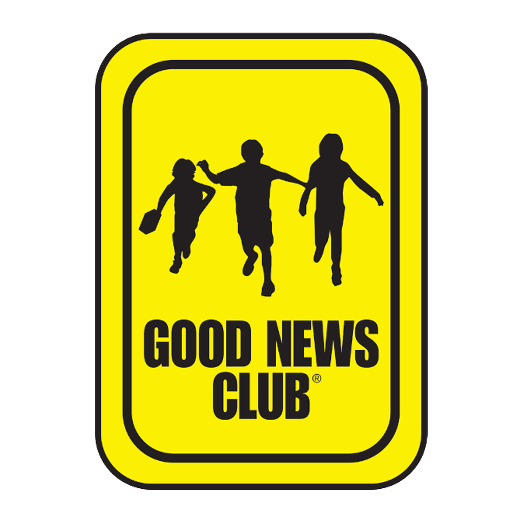 Yellow badge with black silhouettes of children running and the text 'Good News Club'