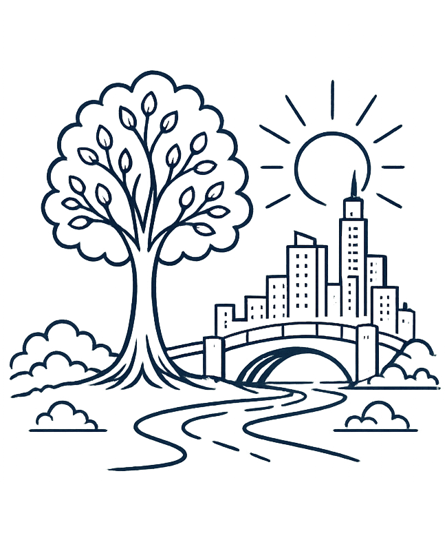 A line drawing of a cityscape with a large tree in the foreground, a bridge over a river, and a sun shining overhead.