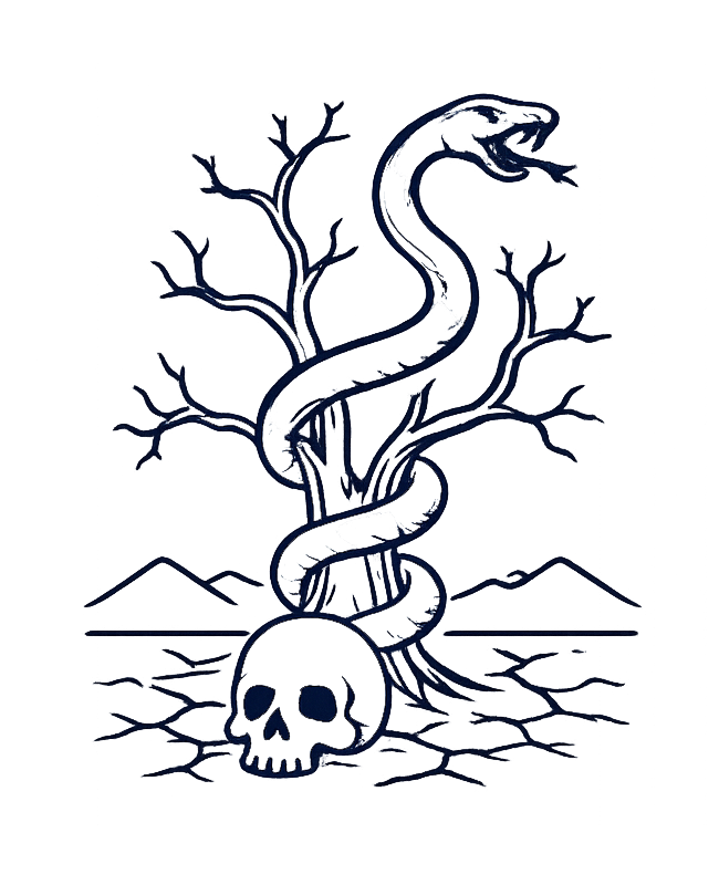 A digital illustration of a snake coiled around a tree with leafless branches, growing from a human skull on the ground near water, with mountains in the background.