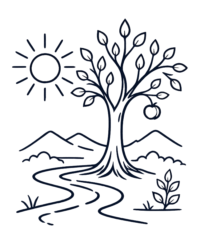 Stylized illustration of an apple tree with a single apple and leaves, a bright sun in the sky, mountains in the background, and a winding path in the foreground.