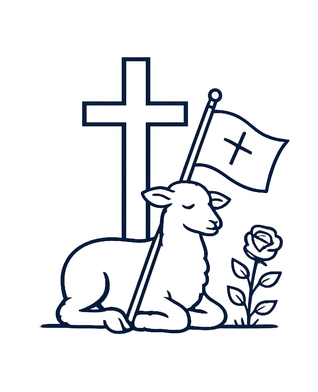 A white goat resting with eyes closed, holding a flag with a cross, a rose plant nearby, and a large cross in the background.