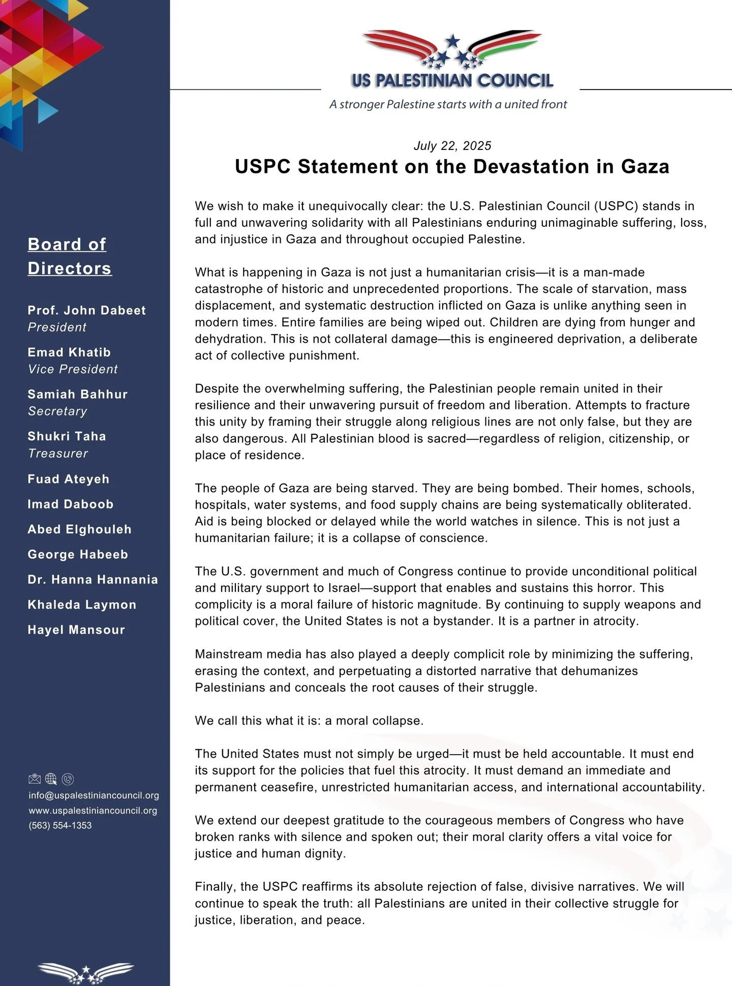 USPC Statement on the Devastation in Gaza

We wish to make it unequivocally clear: the U.S. Palestinian Council (USPC) stands in full and unwavering solidarity with all #Palestinians enduring unimaginable suffering, loss, and injustice in #Gaza and t