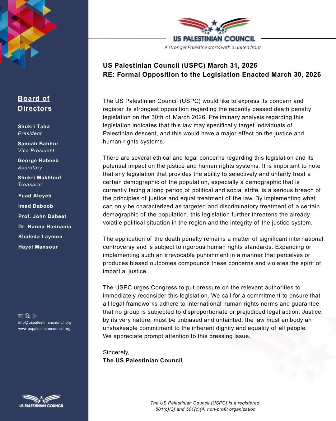 USPC: Formal Opposition to the Legislation Enacted March 30, 2026

The US Palestinian Council (USPC) would like to express its concern and register its strongest opposition regarding the recently passed death penalty legislation on the 30th of March 