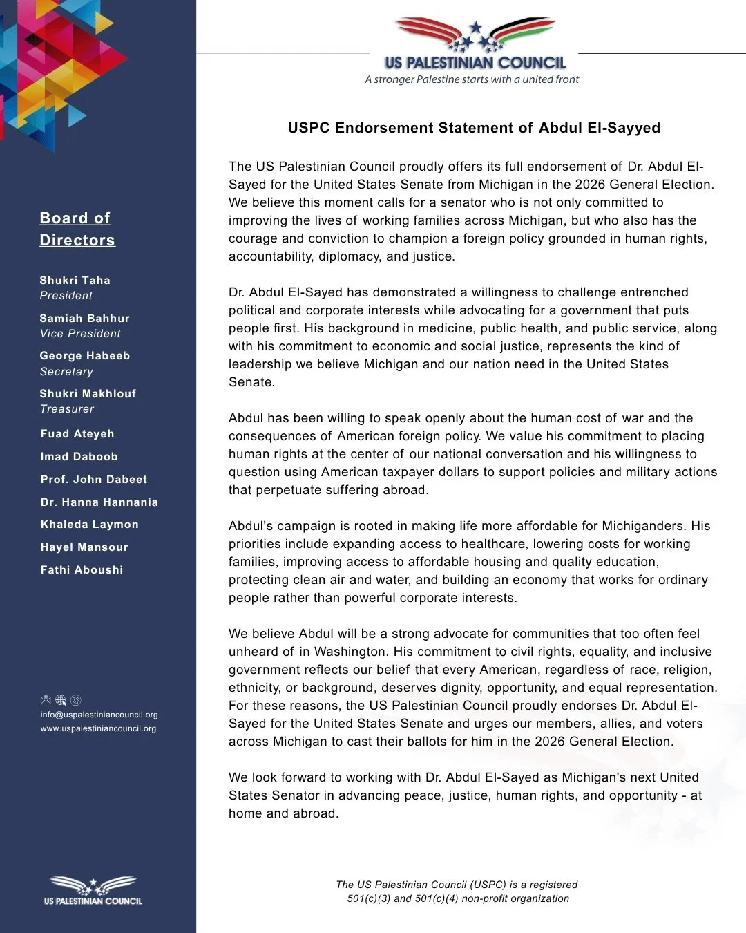 For Immediate Release: USPC Endorsement Statement of Abdul El-Sayyed https://uspalestiniancouncil.org/statements 
@abdulelsayed #AbdulElSayed #MichiganVotes #election2026
