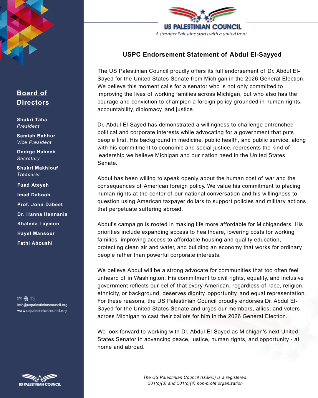 Abdul El-Sayed USPC Statement