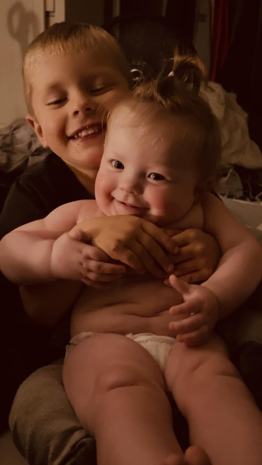 In the kitchen, I'm juggling dinner and baby bottles while Liam entertains Addie. Then, Connor charges in from the bathroom: 
Connor: Guys, my poop's a work of art! 
Liam: No way, not on your life! 
Connor: Come see, it's a monster! 
Liam: Did you de