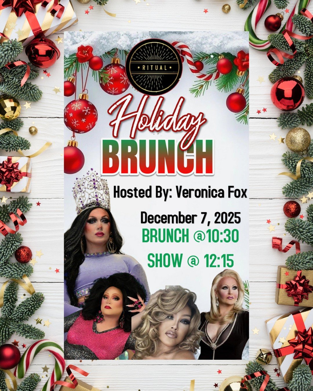 It is that time for our 3rd Drag brunch at Ritual this Sun Dec 7.  Tickets are $15 and reservations can be made by emailing us at rituallafayette@ritual-bar.com  Space is limited!!! Brunch will be served from 10:30 until Noon, Show starts shortly the