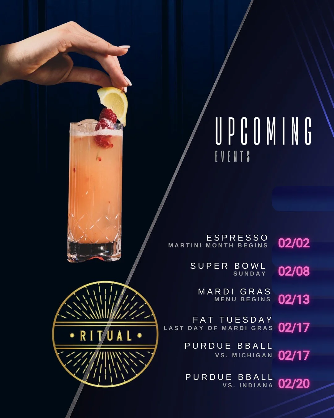 Taking a look into Feb, here is a list of some of the upcoming events to be aware of. Espresso Martini month is back, with our favorite from last year and a few new ones. Of course we will have a special food &amp; drink menu for Mardi Gras leading i