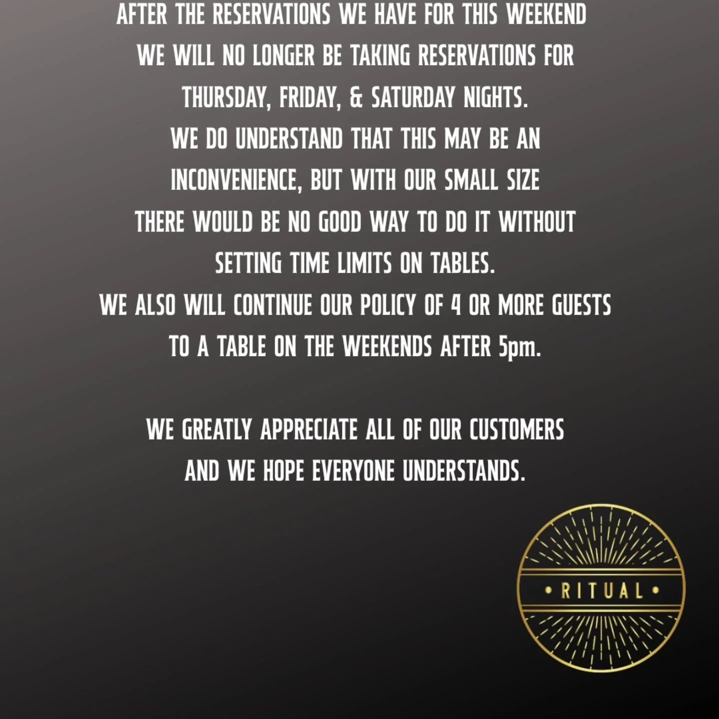 We will continue to seat people on a first come first serve basis on the weekends. We will accept reservations Sun thru Wed with at least 48 hours notice for parties of 6 or more. We wish that we had more space to be able to accommodate more people, 