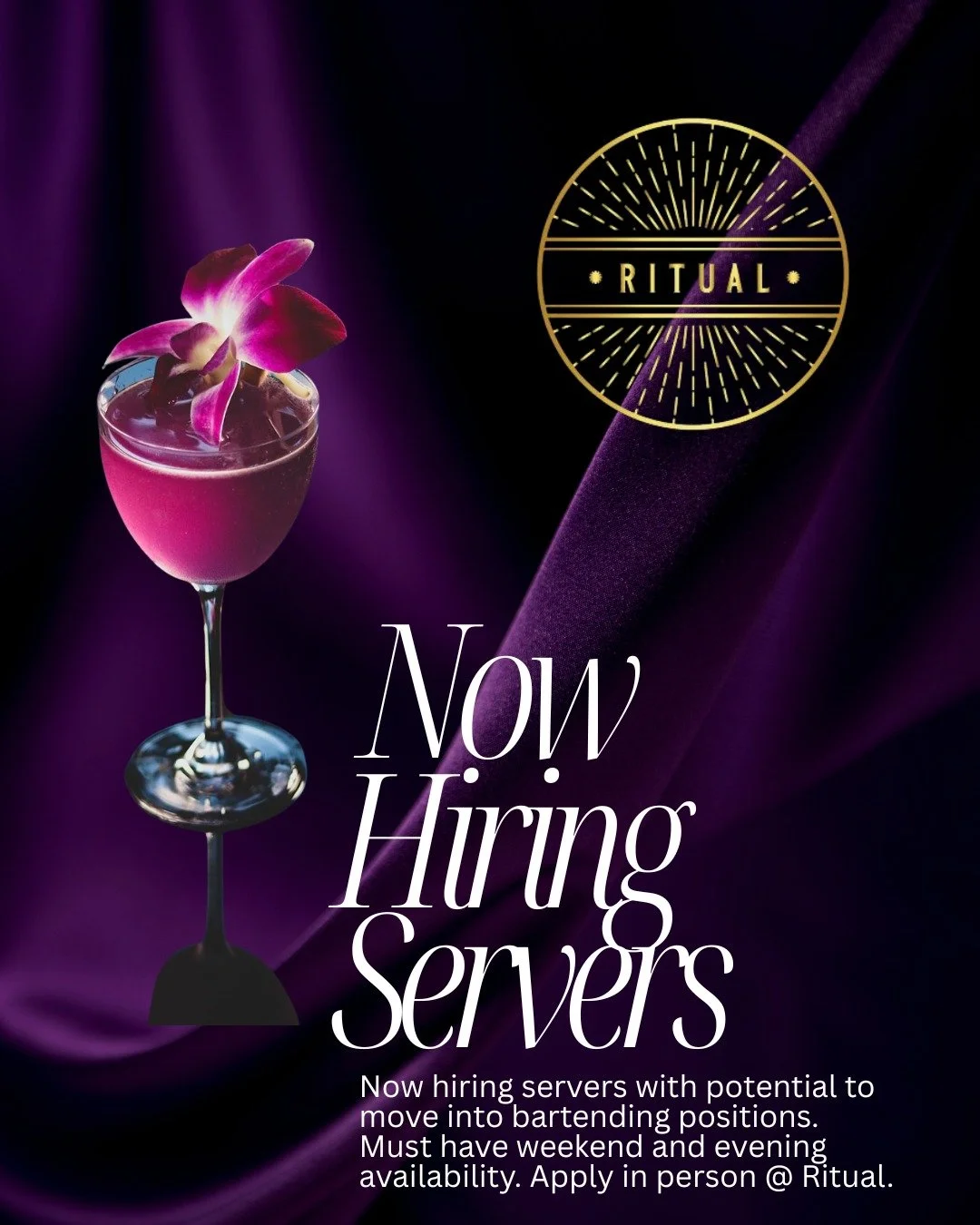 We are currently looking for a few people to fill some open serving postions. You must have night and weekend availability, full and part time spots are available with potential to move into bartending postions. Must be able to multitask in a fast pa