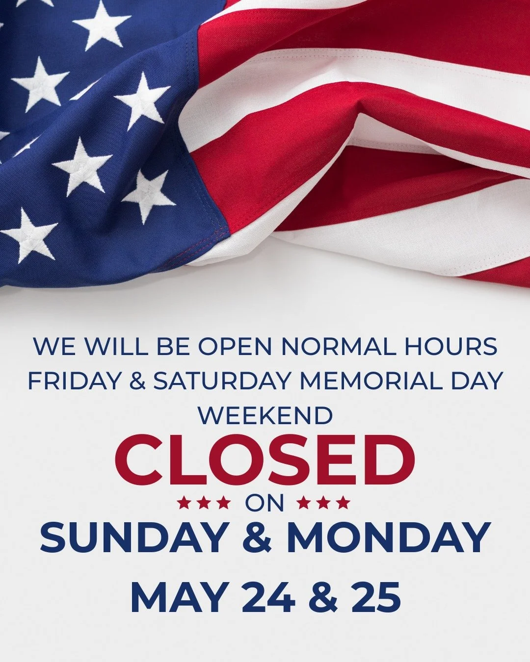 We will be open at noon both Friday &amp; Saturday Memorial Day weekend.  Stop in and join us for girl lunch from 12pm until 2pm both afternoons!  We will be closed on Sunday &amp; Monday to give our staff a little break for the holiday.