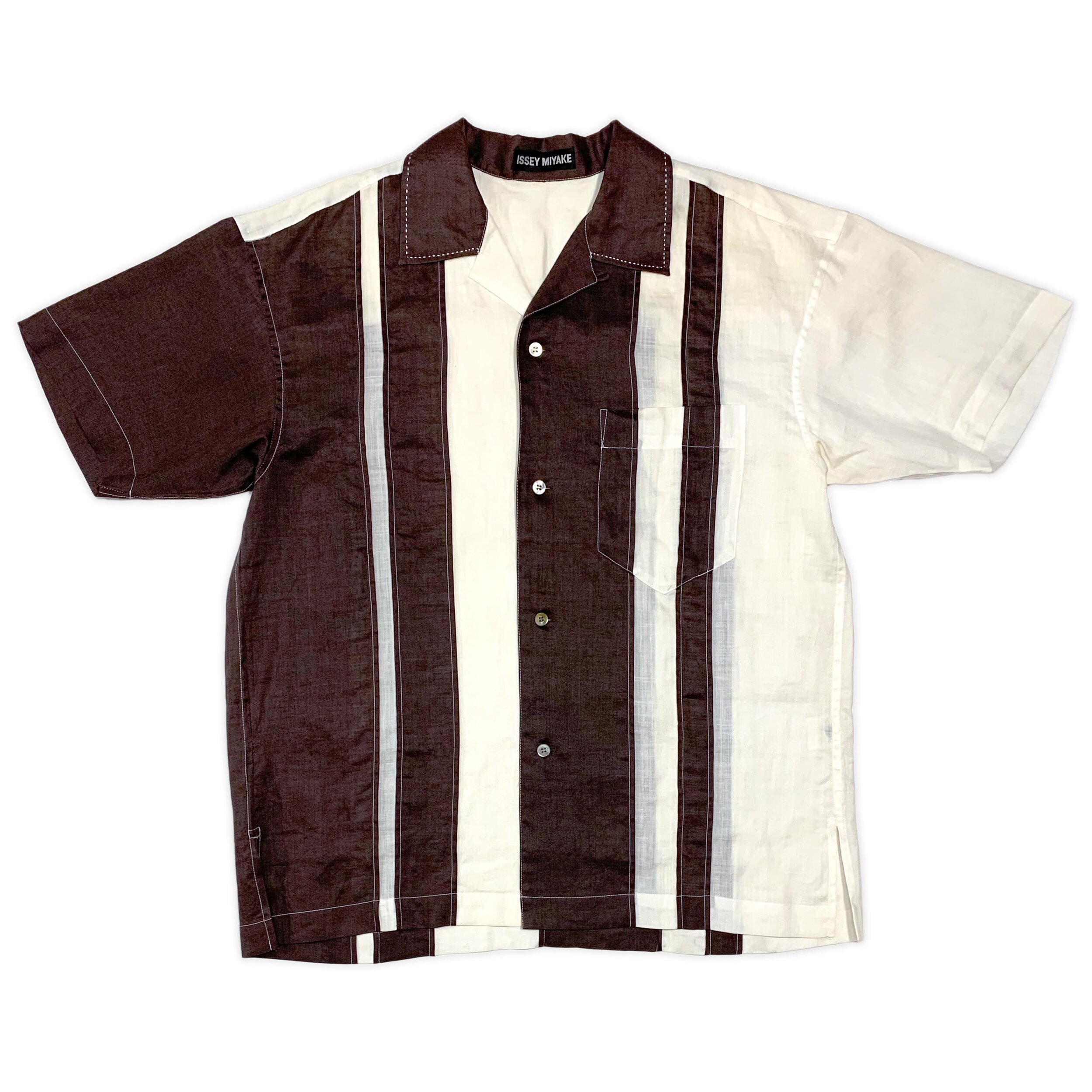 Inverted Colorblock Striped Linen Camp Collar Shirt