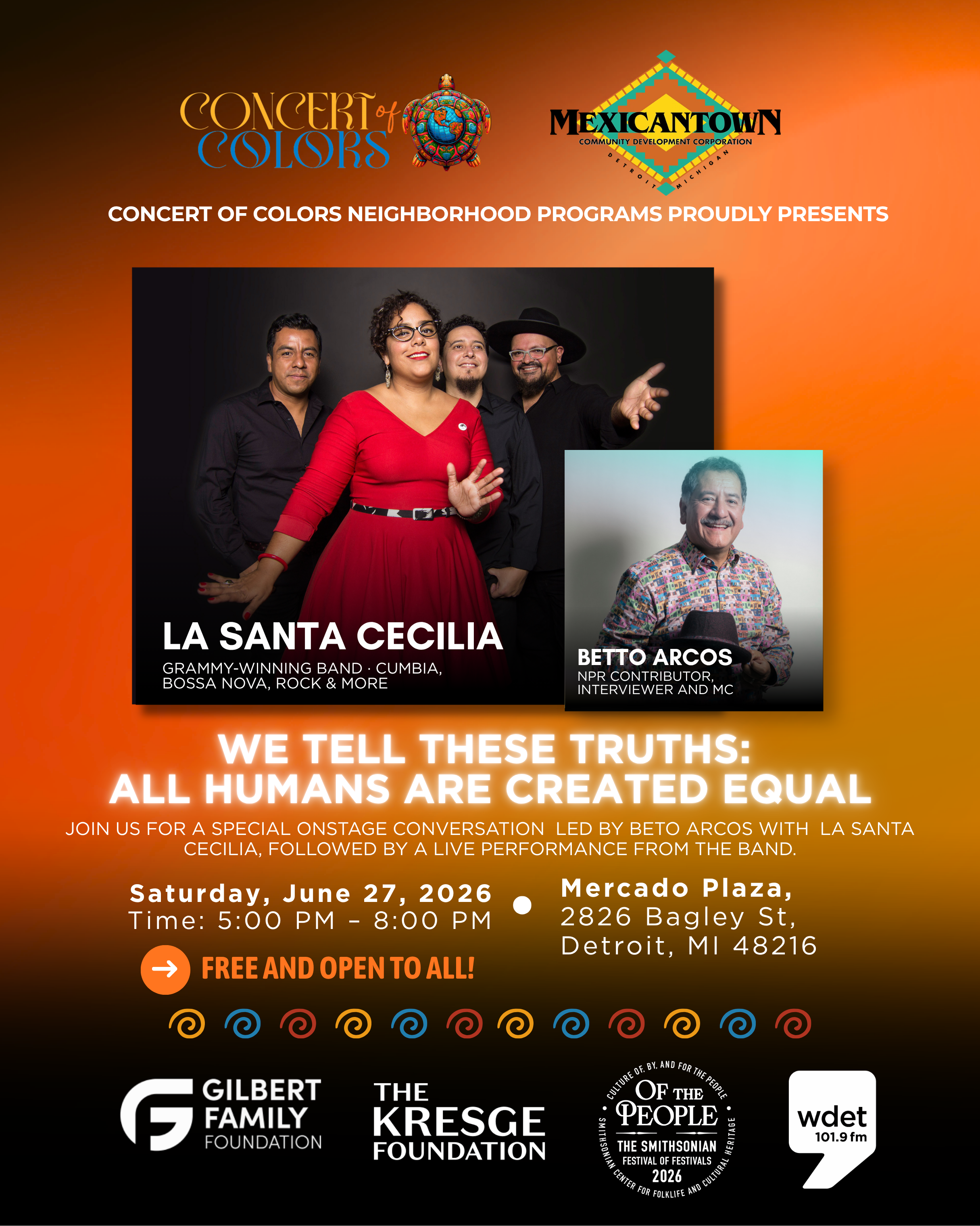 Colorful poster promoting the Concert of Colors music event in Detroit, Michigan on Saturday, June 27, 2026, at Mercado Plaza. The poster features images of performers La Santa Cecilia and Betto Arcos, with a vibrant orange background and decorative swirl patterns at the bottom.
