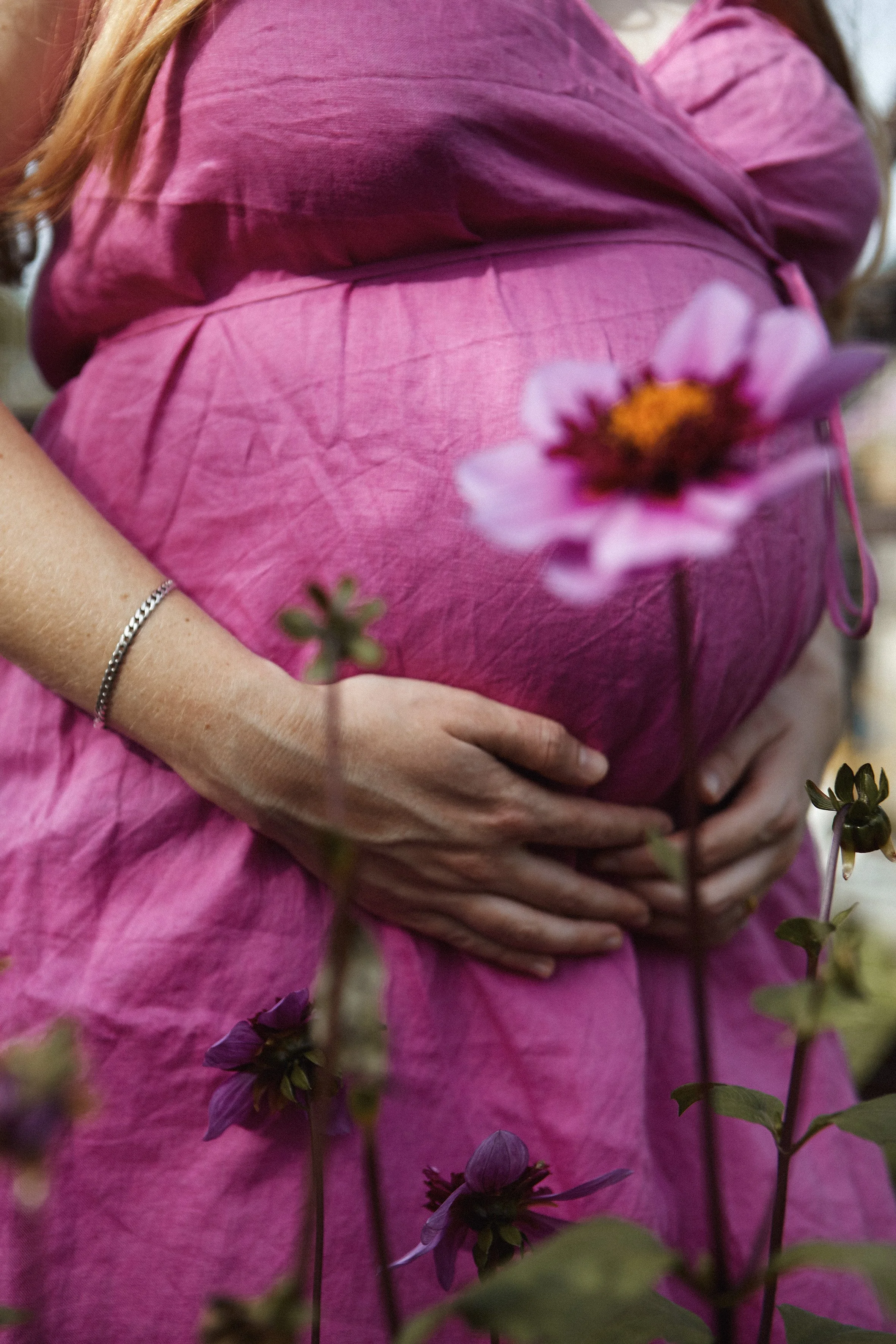 pregnant tummy belly flowers dahlias soft focus pink dress