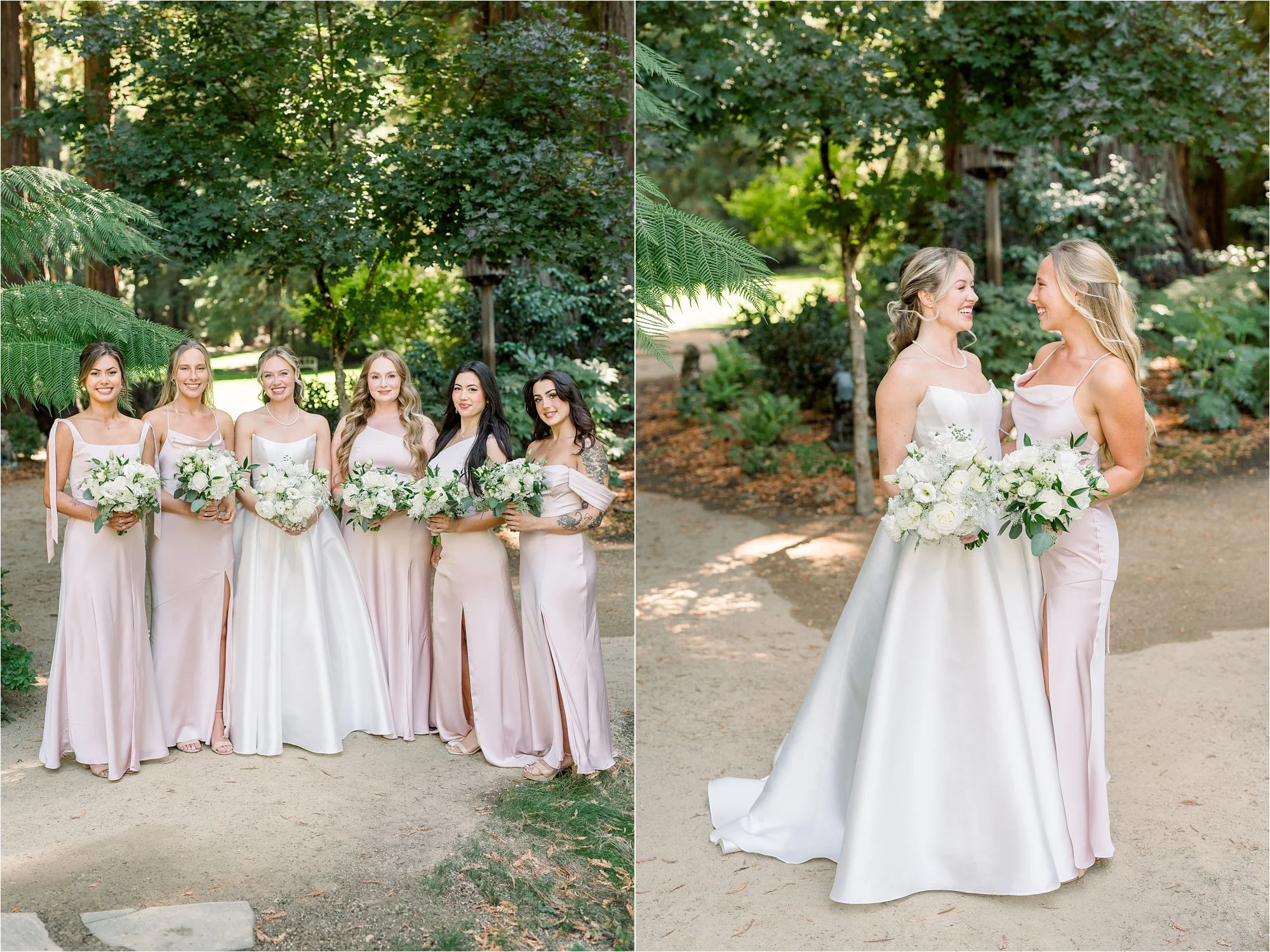 Bridesmaids wearing soft pink satin dresses smiling at the camera and Bride with her maid of honor
